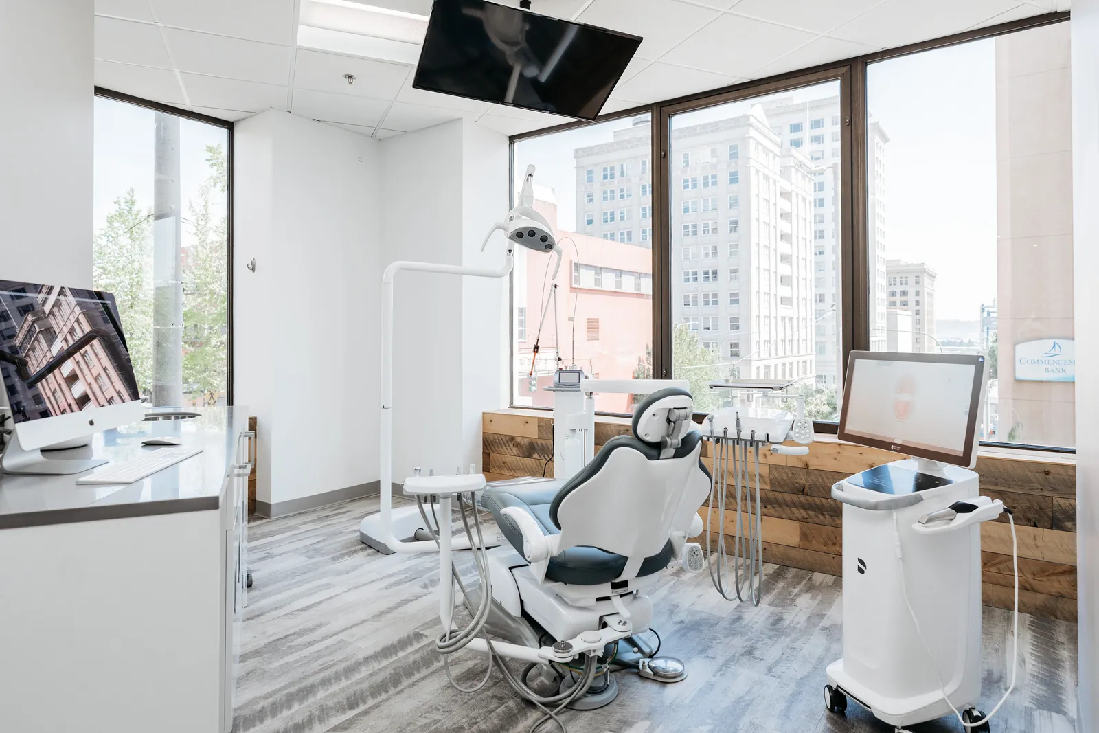 A light-filled treatment room overlooking downtown Tacoma